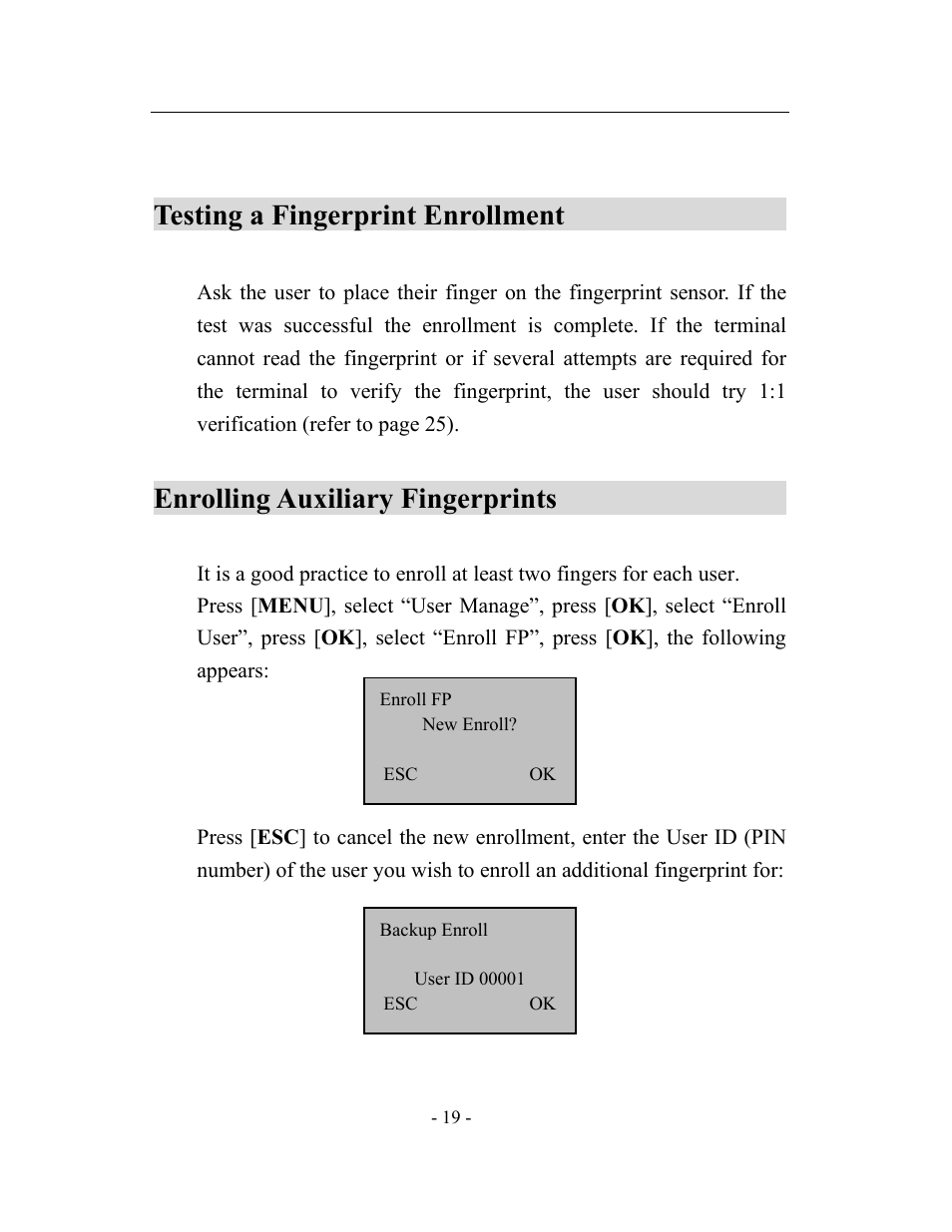 Testing a fingerprint enrollment, Enrolling auxiliary fingerprints | Acroprint timeQplus TQ600 User Manual | Page 27 / 71