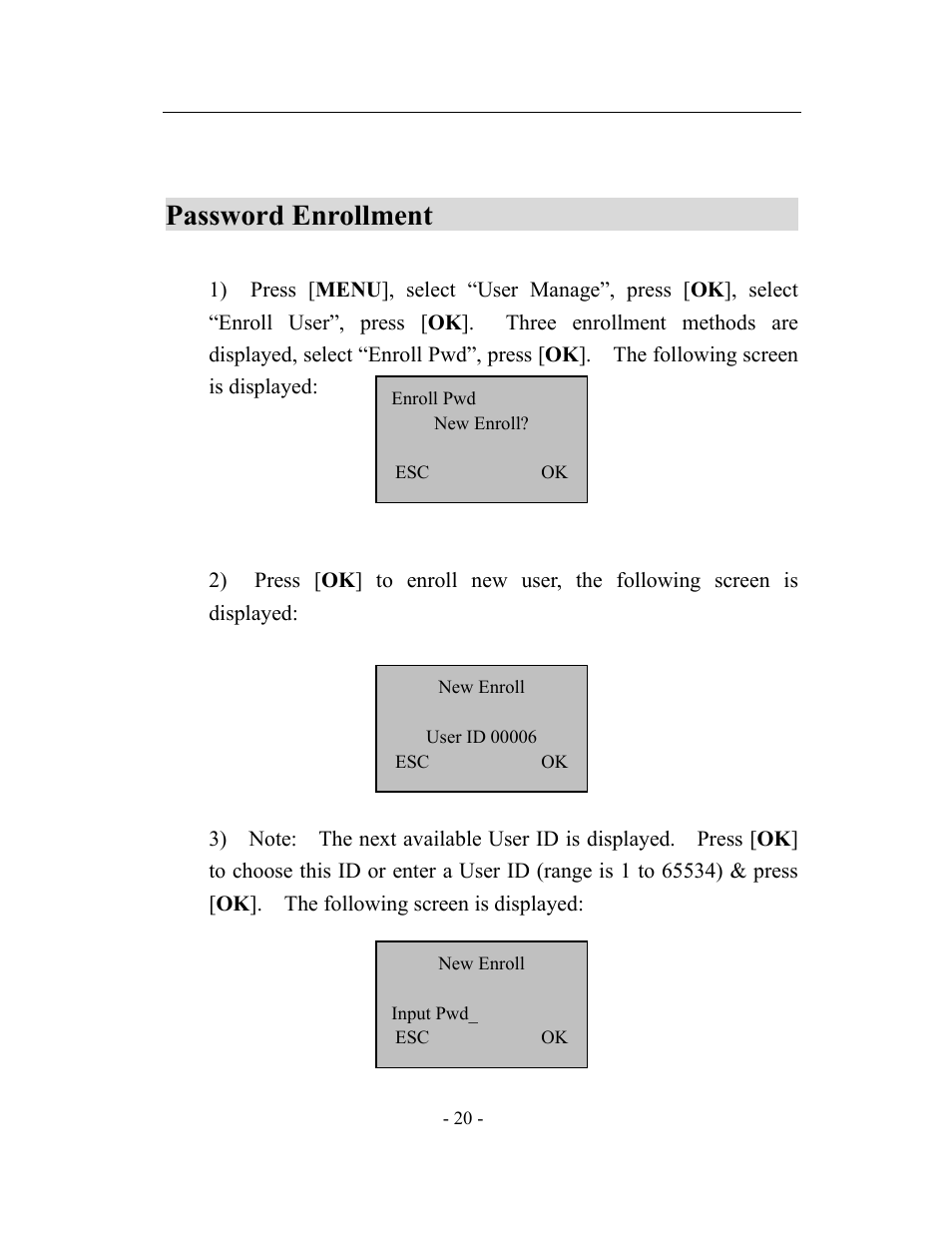 Password enrollment | Acroprint timeQplus TQ600 User Manual | Page 28 / 71