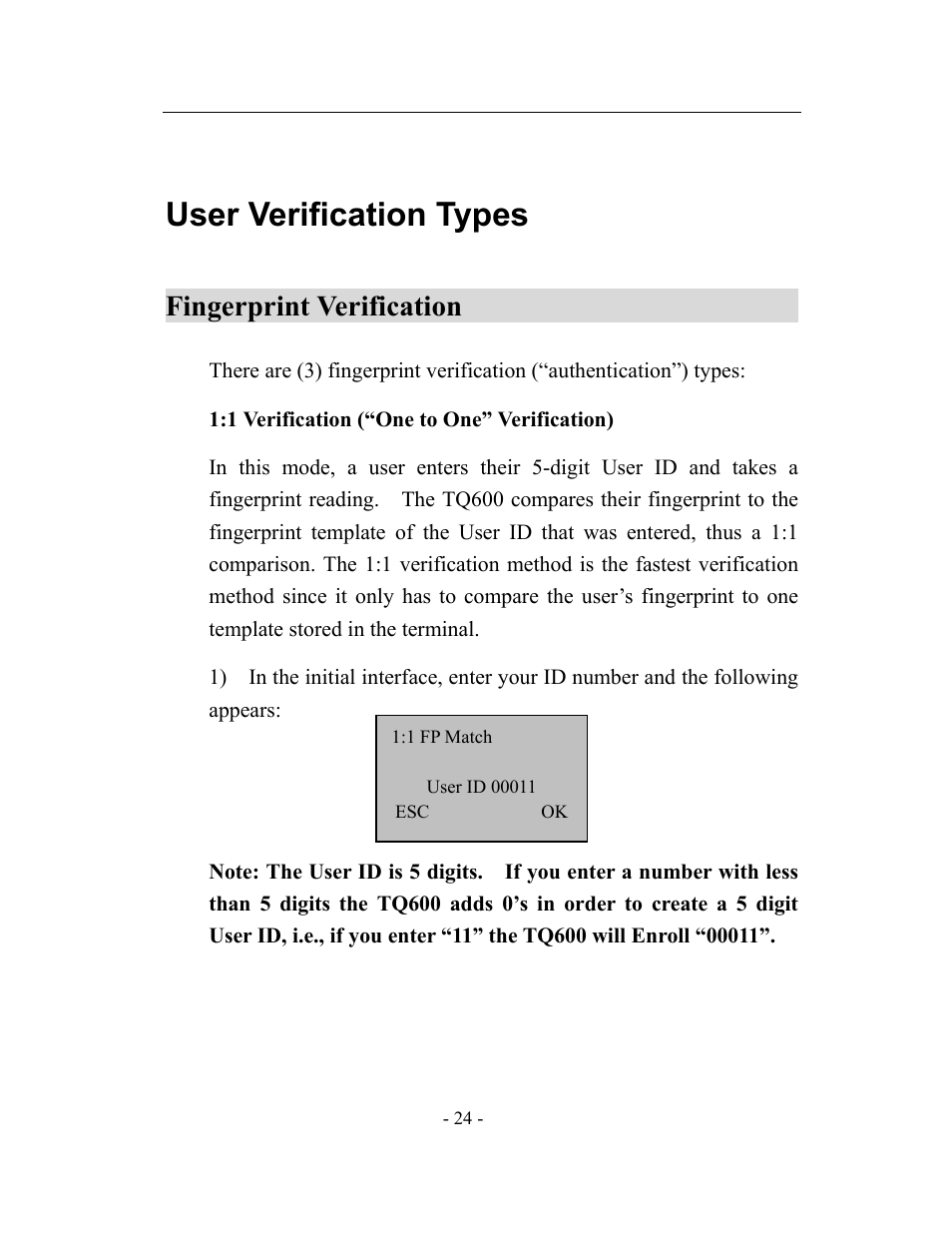 User verification types, Fingerprint verification | Acroprint timeQplus TQ600 User Manual | Page 32 / 71