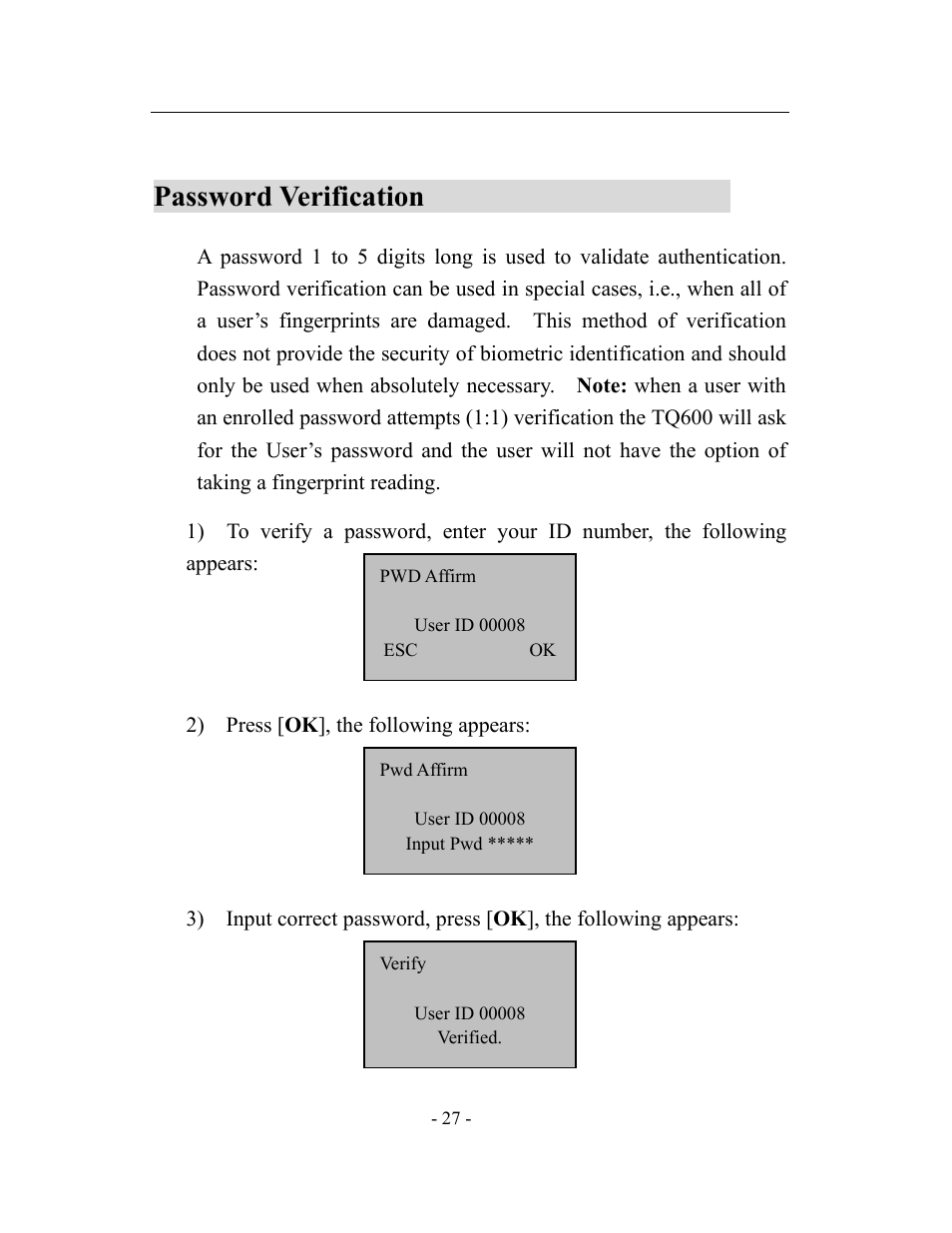 Password verification | Acroprint timeQplus TQ600 User Manual | Page 35 / 71