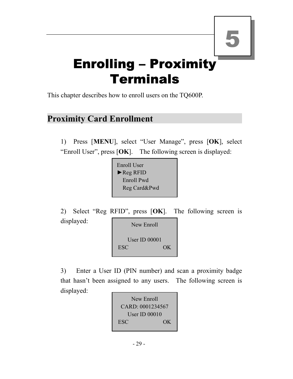 Enrolling – proximity terminals, Proximity card enrollment | Acroprint timeQplus TQ600 User Manual | Page 37 / 71