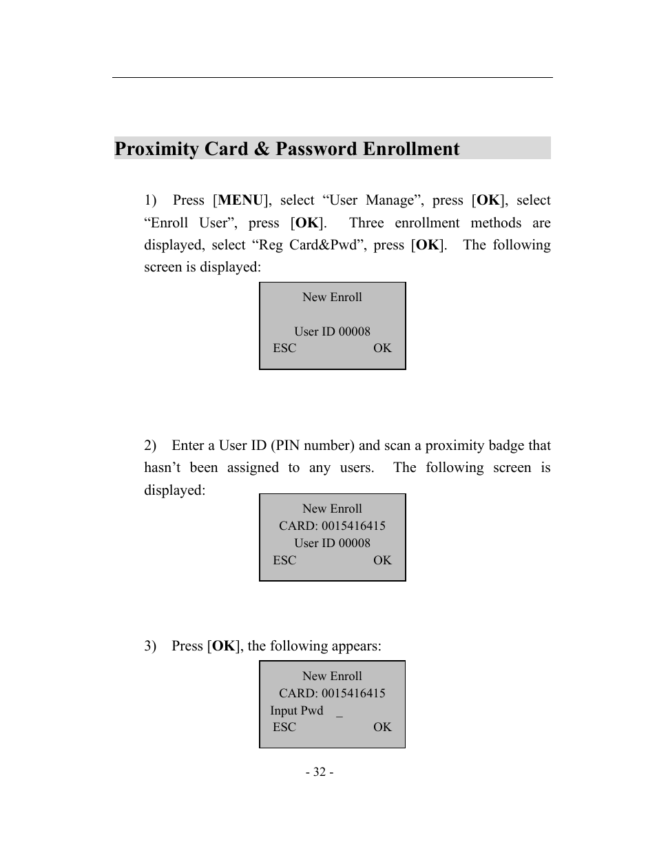 Proximity card & password enrollment | Acroprint timeQplus TQ600 User Manual | Page 40 / 71