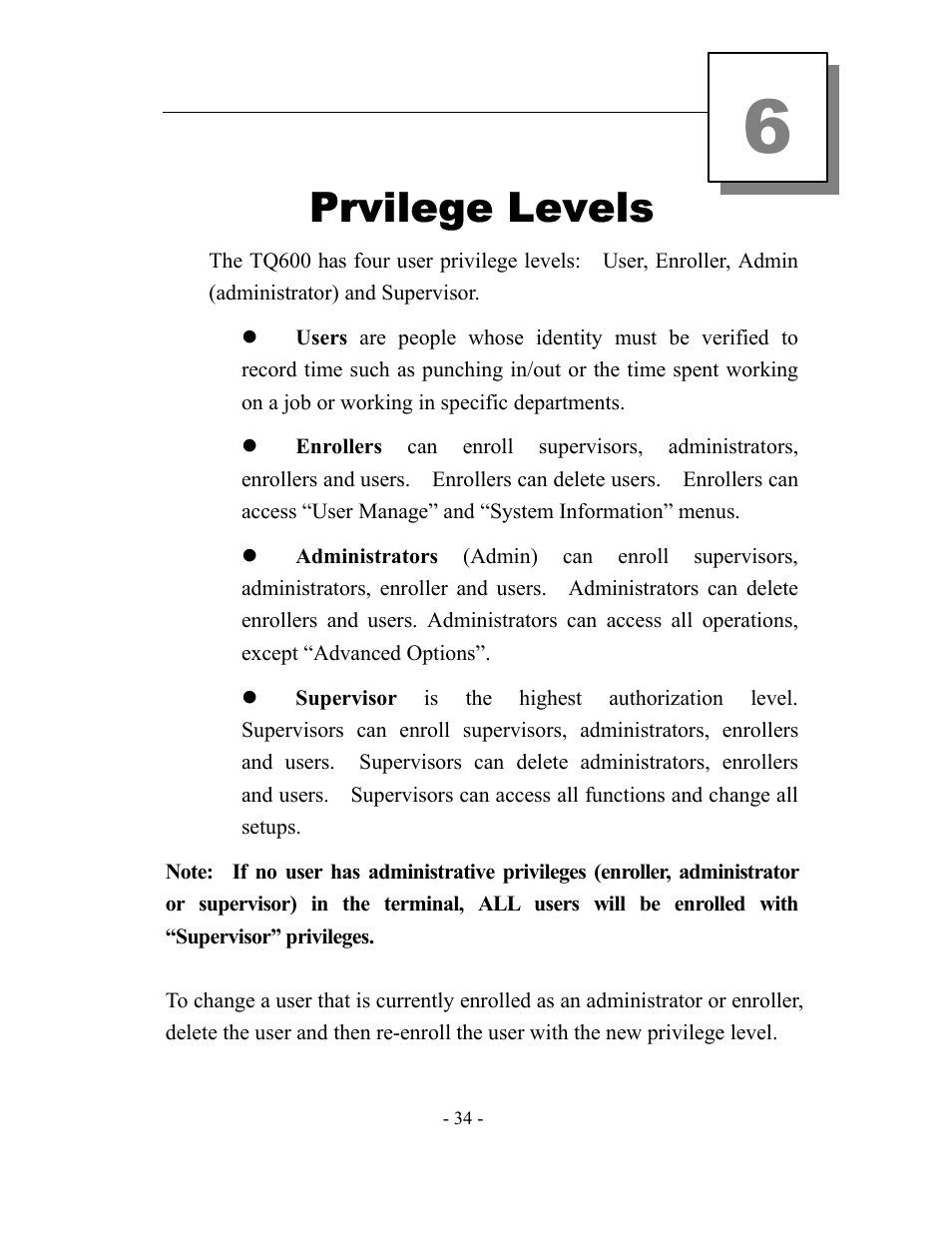 Prvilege levels | Acroprint timeQplus TQ600 User Manual | Page 42 / 71