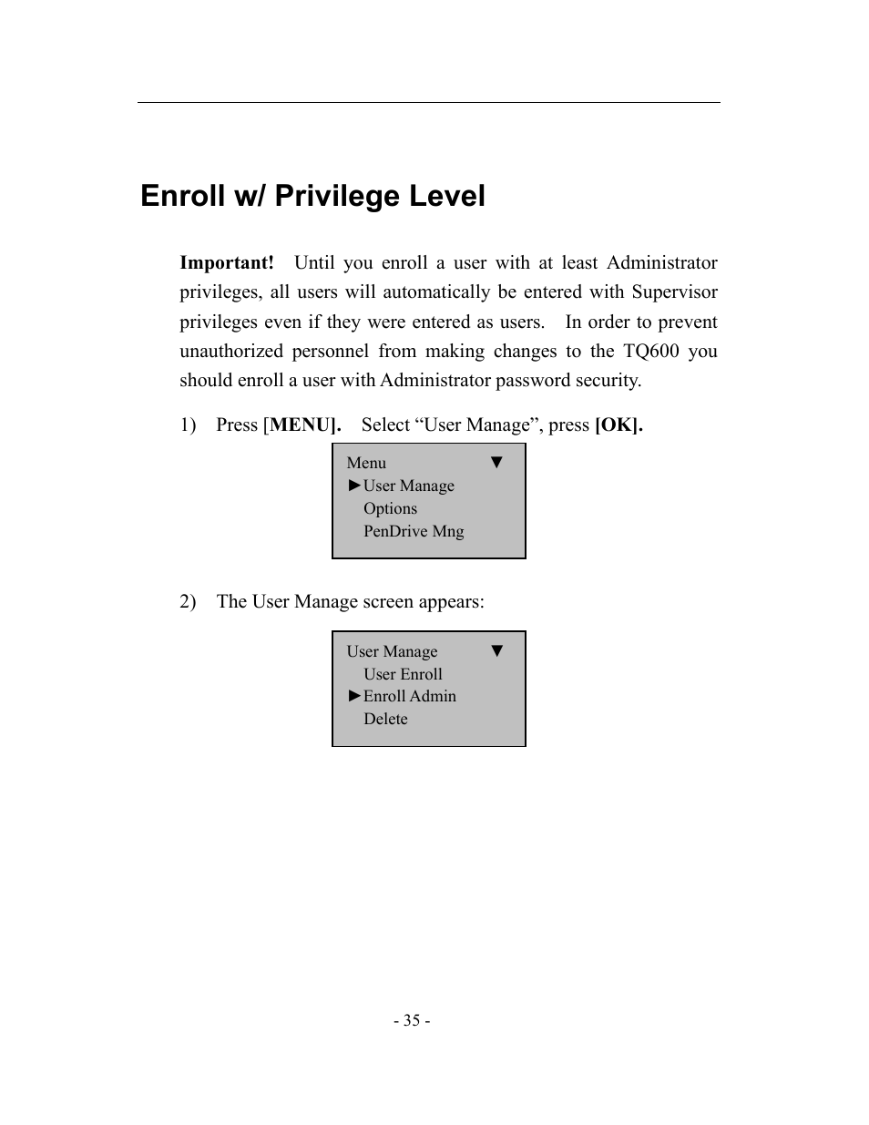 Enroll w/ privilege level | Acroprint timeQplus TQ600 User Manual | Page 43 / 71