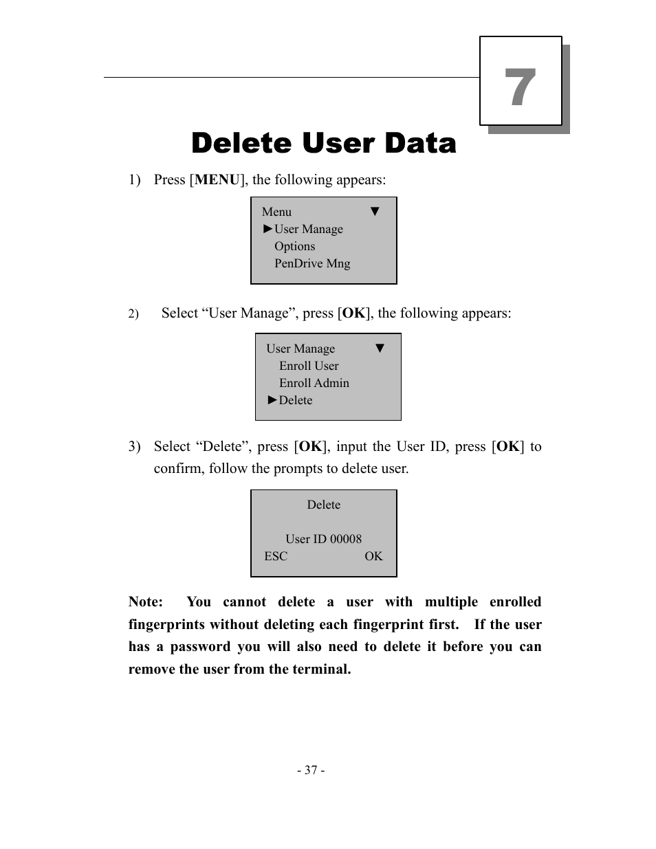 Delete user data | Acroprint timeQplus TQ600 User Manual | Page 45 / 71