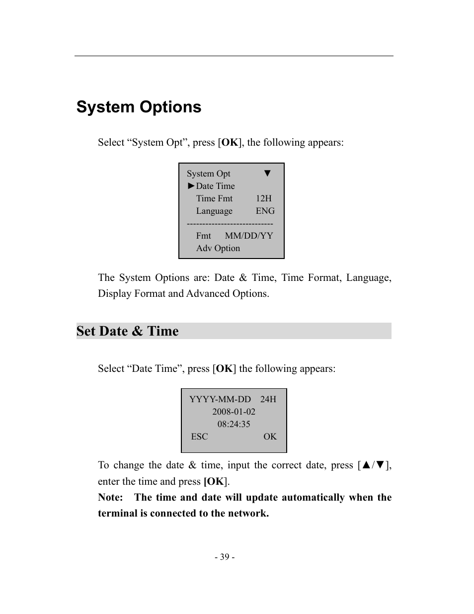 System options, Set date & time | Acroprint timeQplus TQ600 User Manual | Page 47 / 71