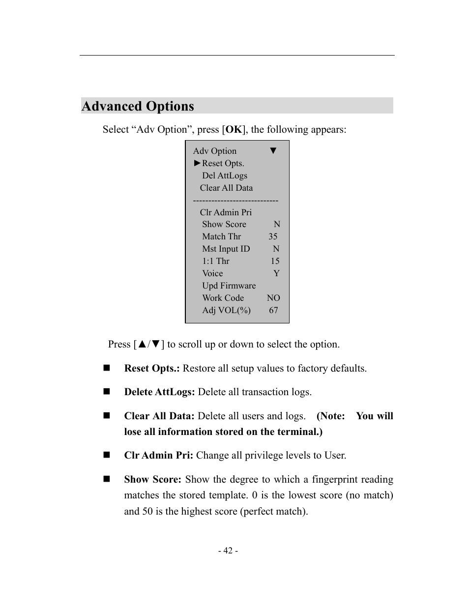 Advanced options | Acroprint timeQplus TQ600 User Manual | Page 50 / 71