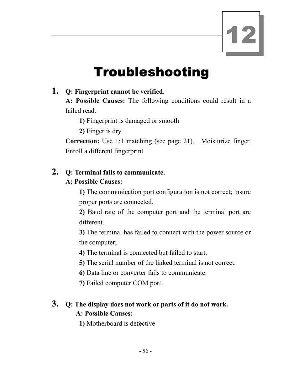 Troubleshooting | Acroprint timeQplus TQ600 User Manual | Page 64 / 71