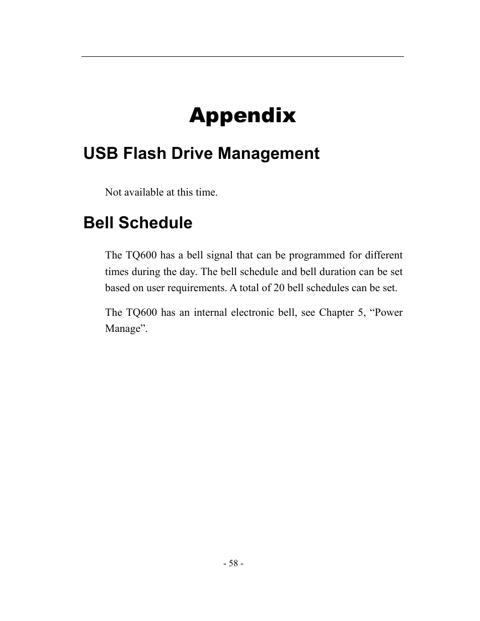 Appendix, Usb flash drive management, Bell schedule | Acroprint timeQplus TQ600 User Manual | Page 66 / 71