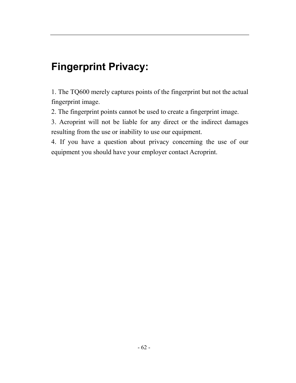 Fingerprint privacy | Acroprint timeQplus TQ600 User Manual | Page 70 / 71