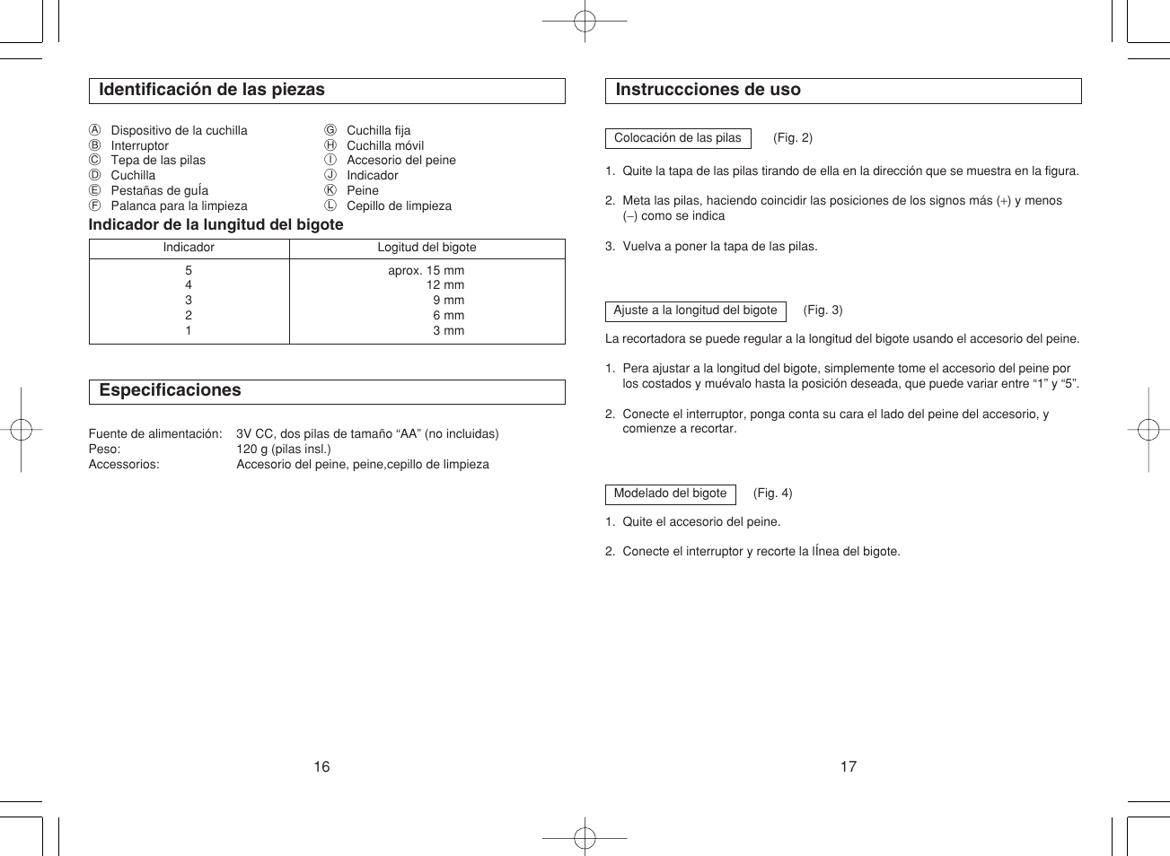 Identificación de las piezas, Especificaciones, Instruccciones de uso | Panasonic ER240 User Manual | Page 11 / 34