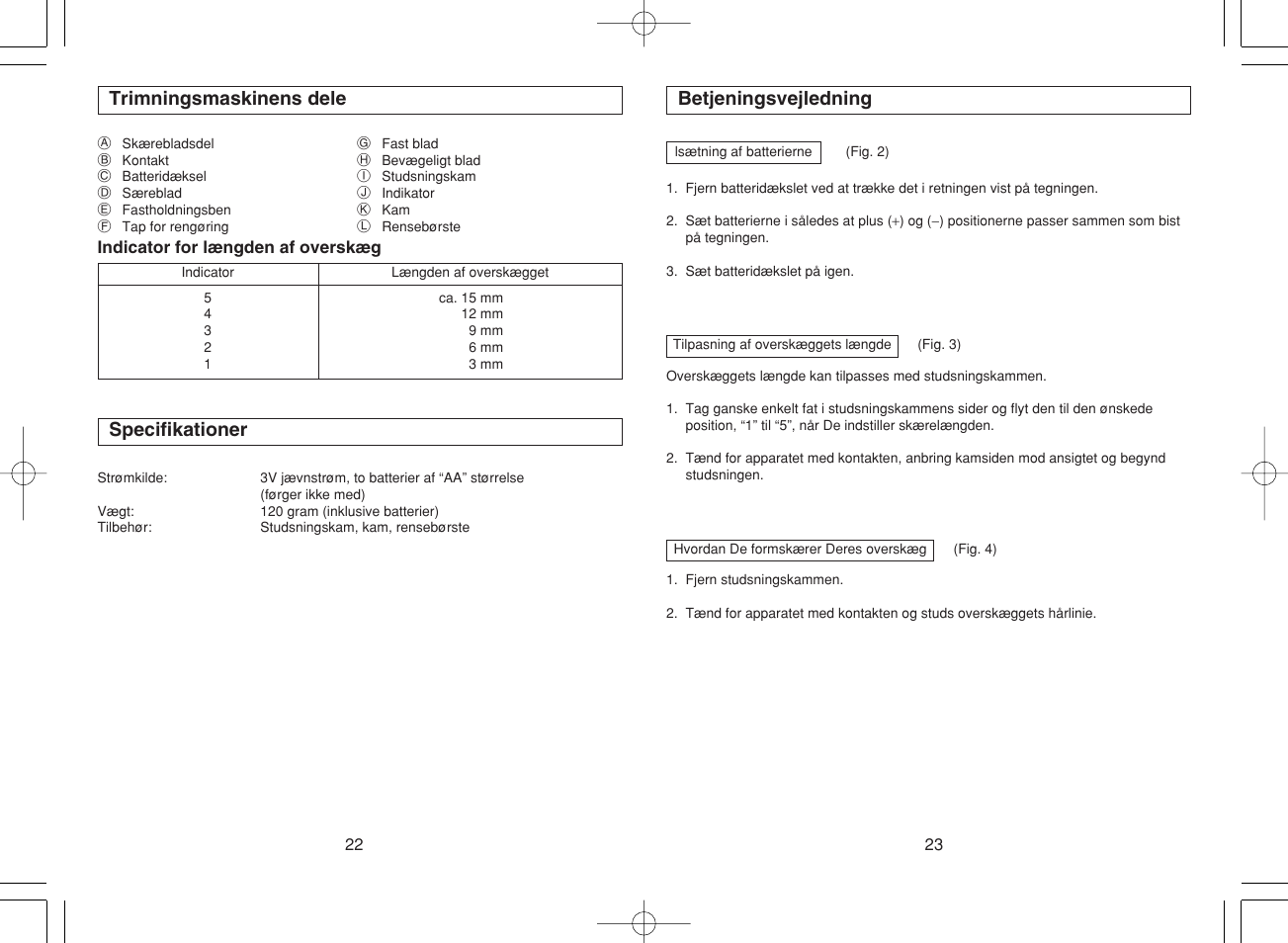 Trimningsmaskinens dele, Specifikationer, Betjeningsvejledning | Panasonic ER240 User Manual | Page 15 / 34