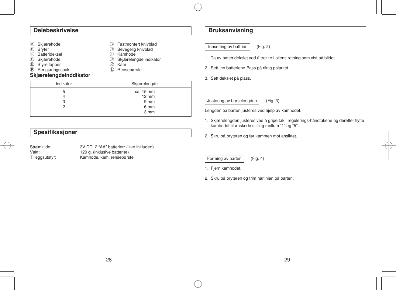 Delebeskrivelse, Spesifikasjoner, Bruksanvisning | Panasonic ER240 User Manual | Page 19 / 34