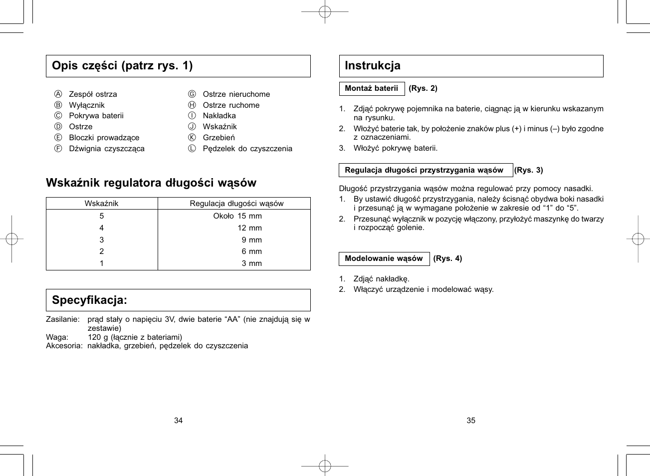 Instrukcja, Opis części (patrz rys. 1), Wskaźnik regulatora długości wąsów | Specyfikacja | Panasonic ER240 User Manual | Page 23 / 34