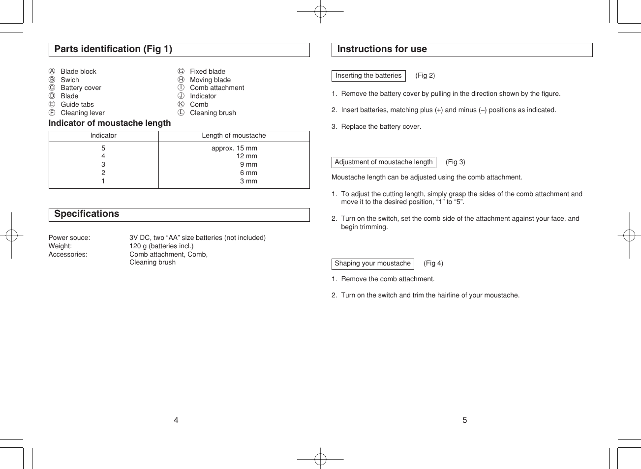 Parts identification (fig 1), Specifications, Instructions for use | Panasonic ER240 User Manual | Page 3 / 34