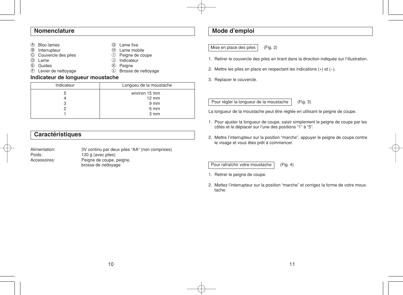 Nomenclature, Caractéristiques, Mode d’emploi | Panasonic ER240 User Manual | Page 7 / 34