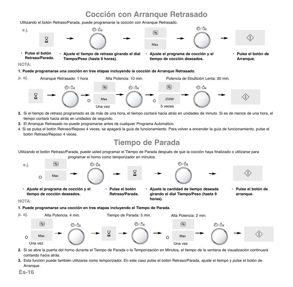 Cocción con arranque retrasado, Tiempo de parada, Es-16 | Panasonic NNGD569MEPG User Manual | Page 113 / 192
