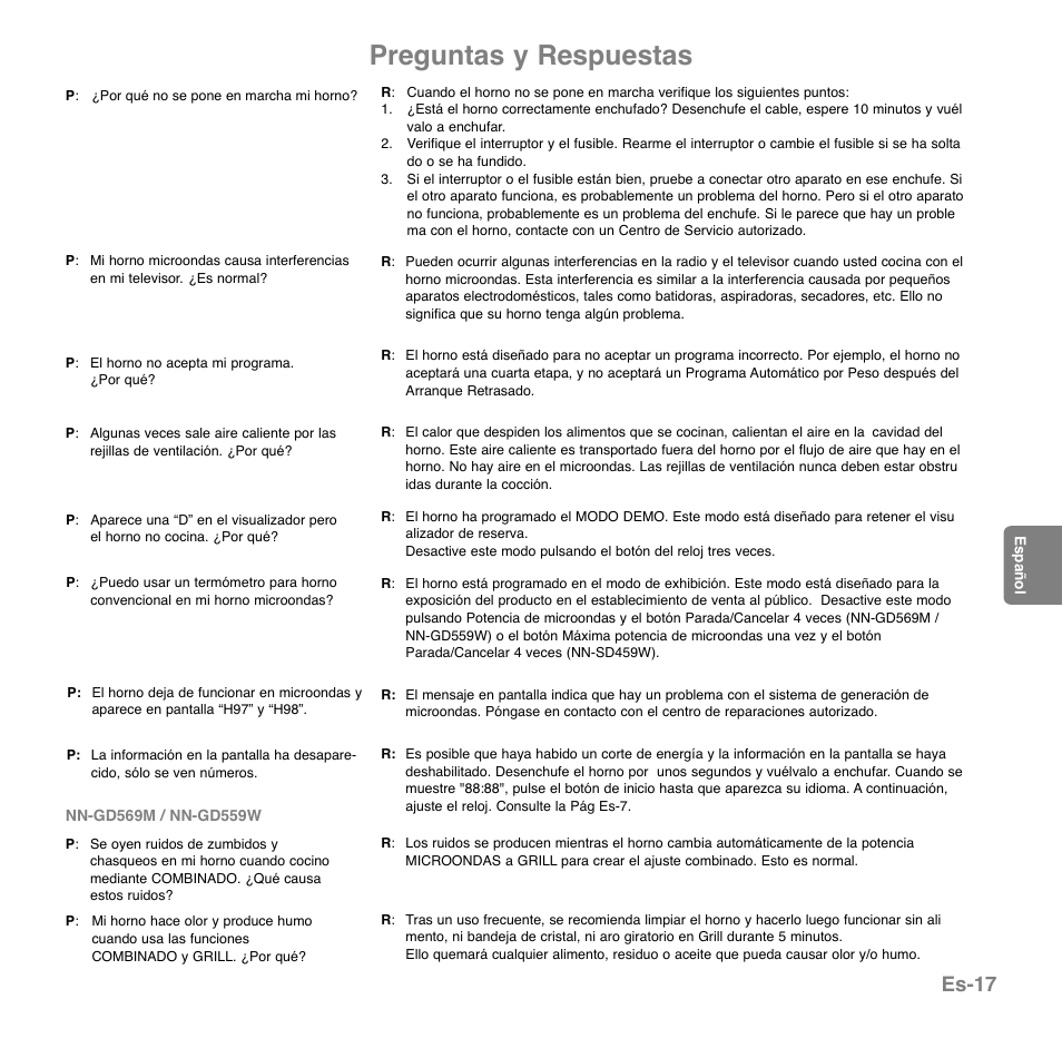 Preguntas y respuestas, Es-17 | Panasonic NNGD569MEPG User Manual | Page 114 / 192