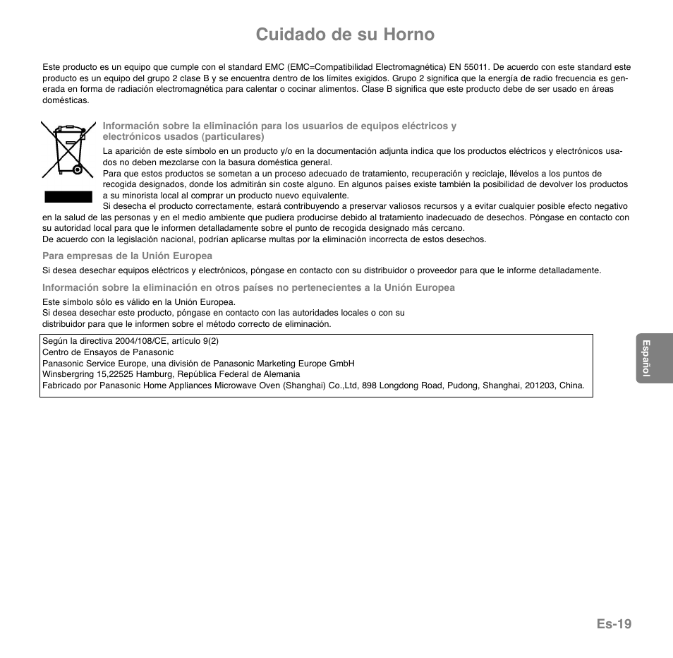 Cuidado de su horno, Es-19 | Panasonic NNGD569MEPG User Manual | Page 116 / 192
