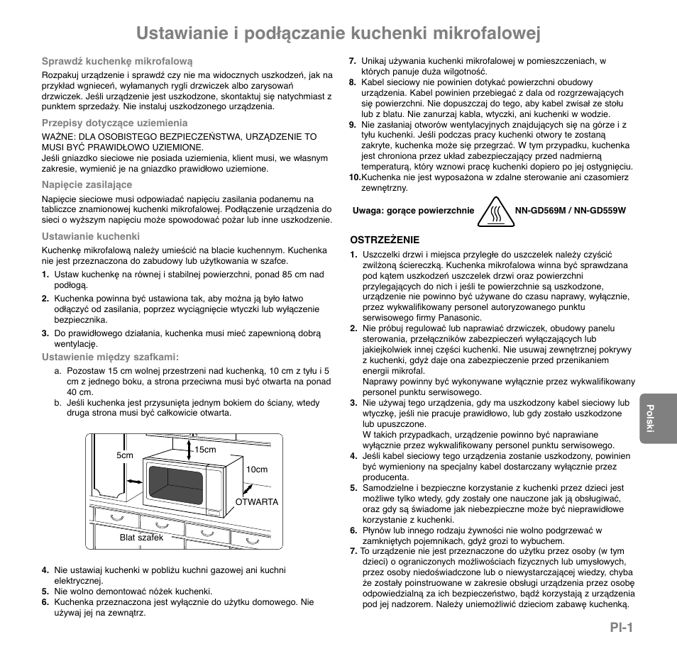 Ustawianie i podłączanie kuchenki mikrofalowej, Pl-1 | Panasonic NNGD569MEPG User Manual | Page 117 / 192