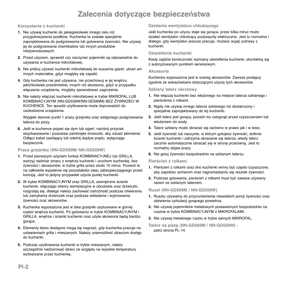 Zalecenia dotyczące bezpieczeństwa, Pl-2 | Panasonic NNGD569MEPG User Manual | Page 118 / 192