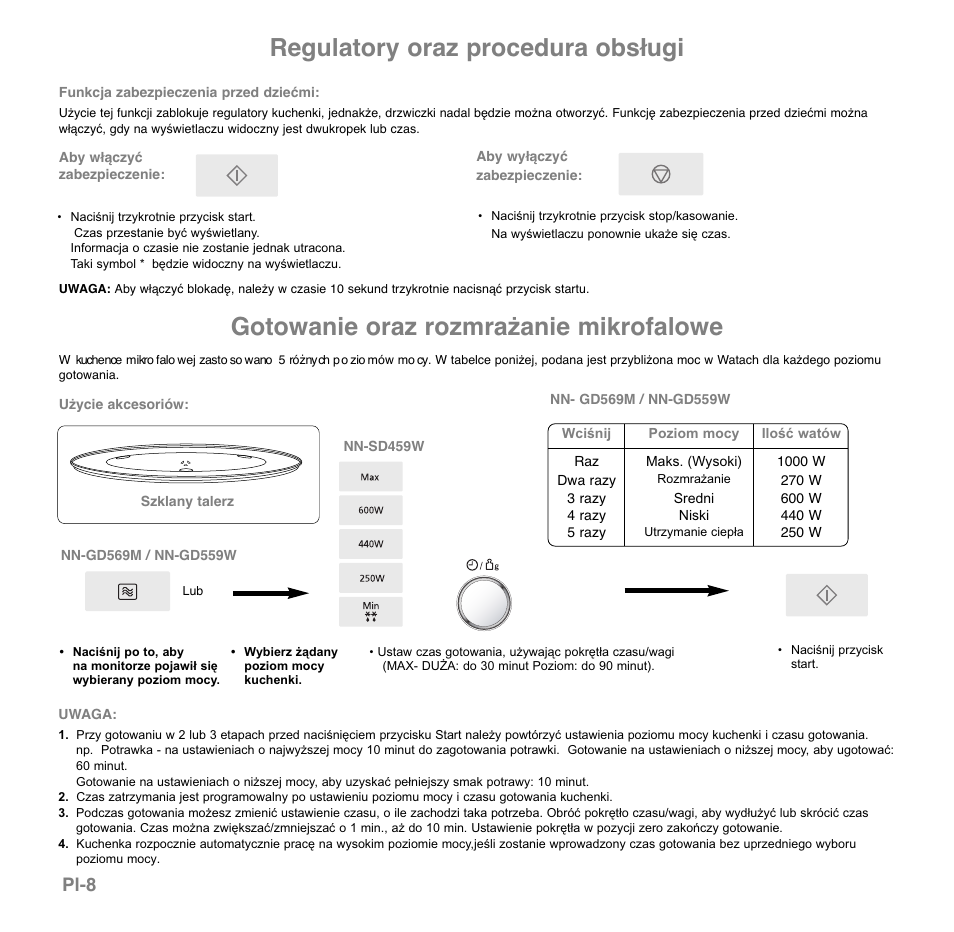 Gotowanie oraz rozmrażanie mikrofalowe, Regulatory oraz procedura obsługi, Pl-8 | Panasonic NNGD569MEPG User Manual | Page 124 / 192