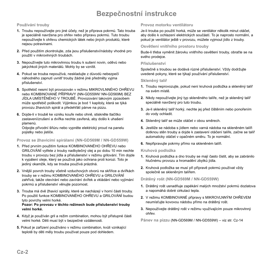 Bezpečnostní instrukce, Cz-2 | Panasonic NNGD569MEPG User Manual | Page 137 / 192