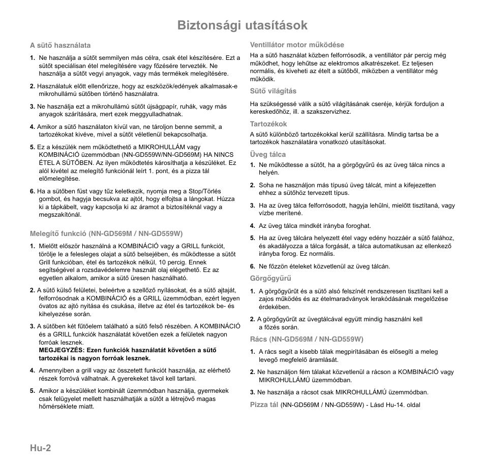 Biztonsági utasítások, Hu-2 | Panasonic NNGD569MEPG User Manual | Page 156 / 192