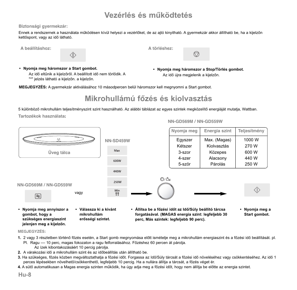 Mikrohullámú főzés és kiolvasztás, Vezérlés és működtetés, Hu-8 | Panasonic NNGD569MEPG User Manual | Page 162 / 192