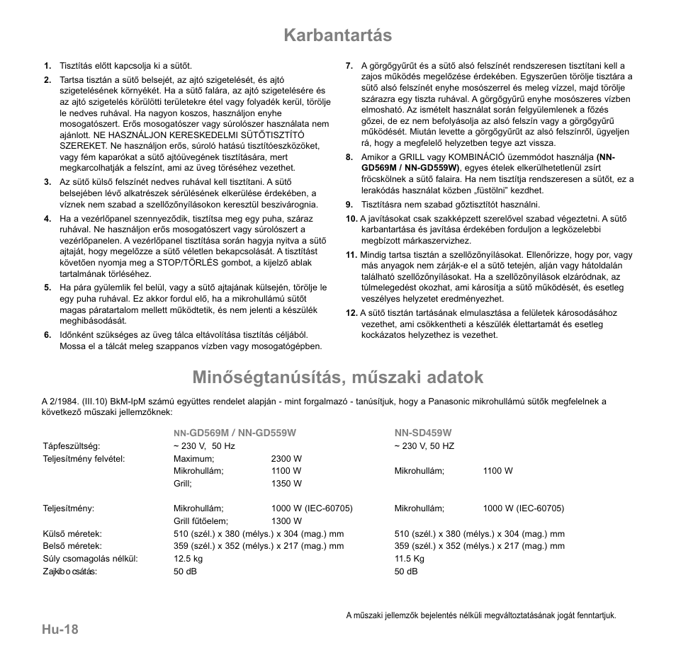 Karbantartás, Minőségtanúsítás, műszaki adatok, Hu-18 | Panasonic NNGD569MEPG User Manual | Page 172 / 192
