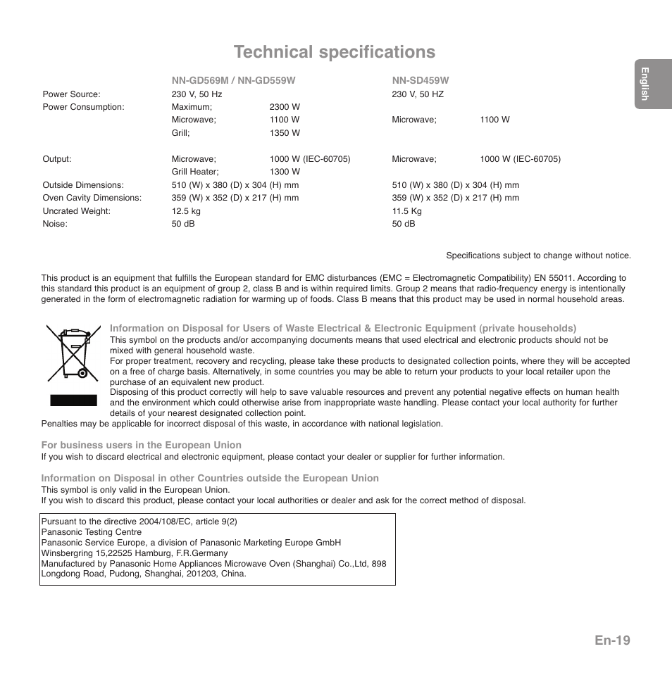 Technical specifications, En-19 | Panasonic NNGD569MEPG User Manual | Page 21 / 192