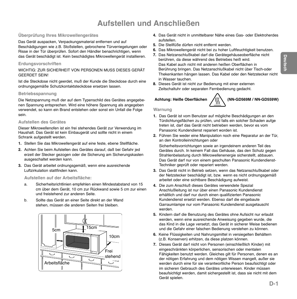 Aufstellen und anschließen | Panasonic NNGD569MEPG User Manual | Page 22 / 192