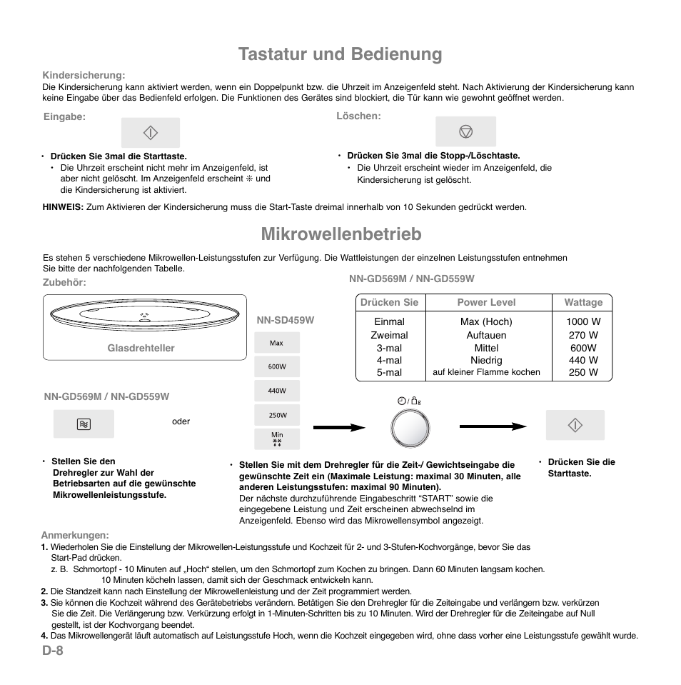 Mikrowellenbetrieb, Tastatur und bedienung | Panasonic NNGD569MEPG User Manual | Page 29 / 192