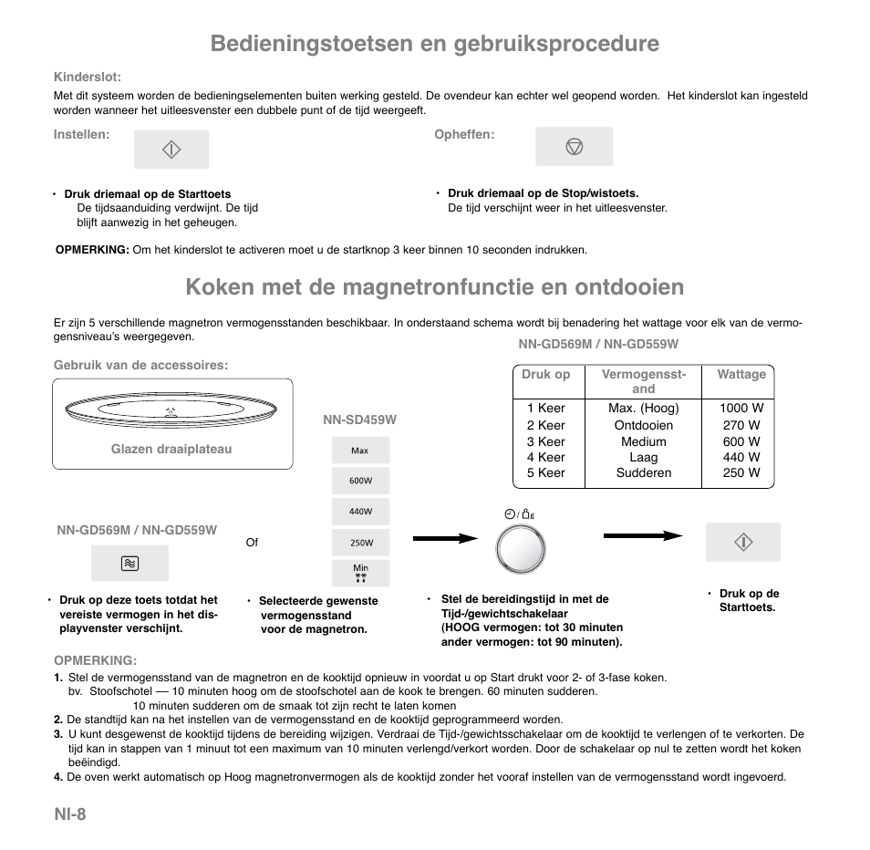 Koken met de magnetronfunctie en ontdooien, Bedieningstoetsen en gebruiksprocedure, Nl-8 | Panasonic NNGD569MEPG User Manual | Page 48 / 192