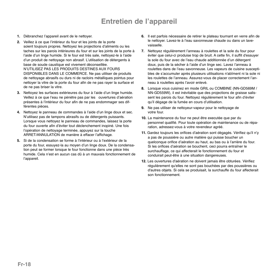 Entretien de lʼappareil, Fr-18 | Panasonic NNGD569MEPG User Manual | Page 77 / 192