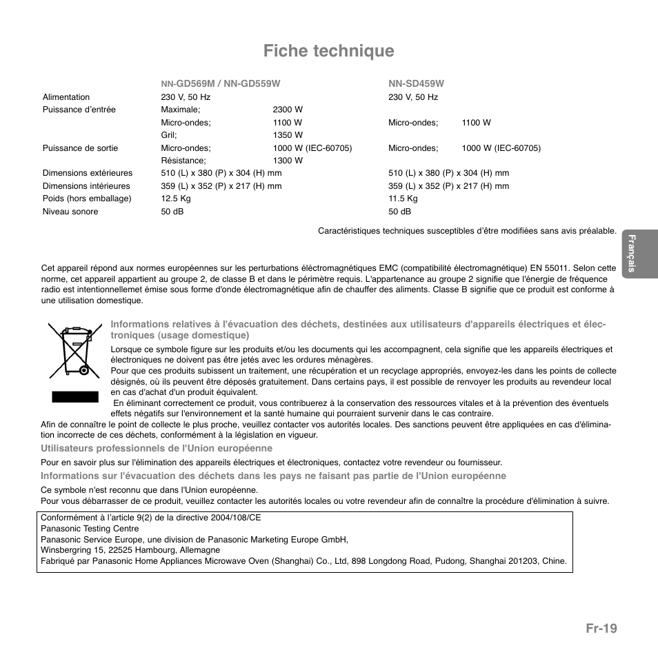 Fiche technique, Fr-19 | Panasonic NNGD569MEPG User Manual | Page 78 / 192