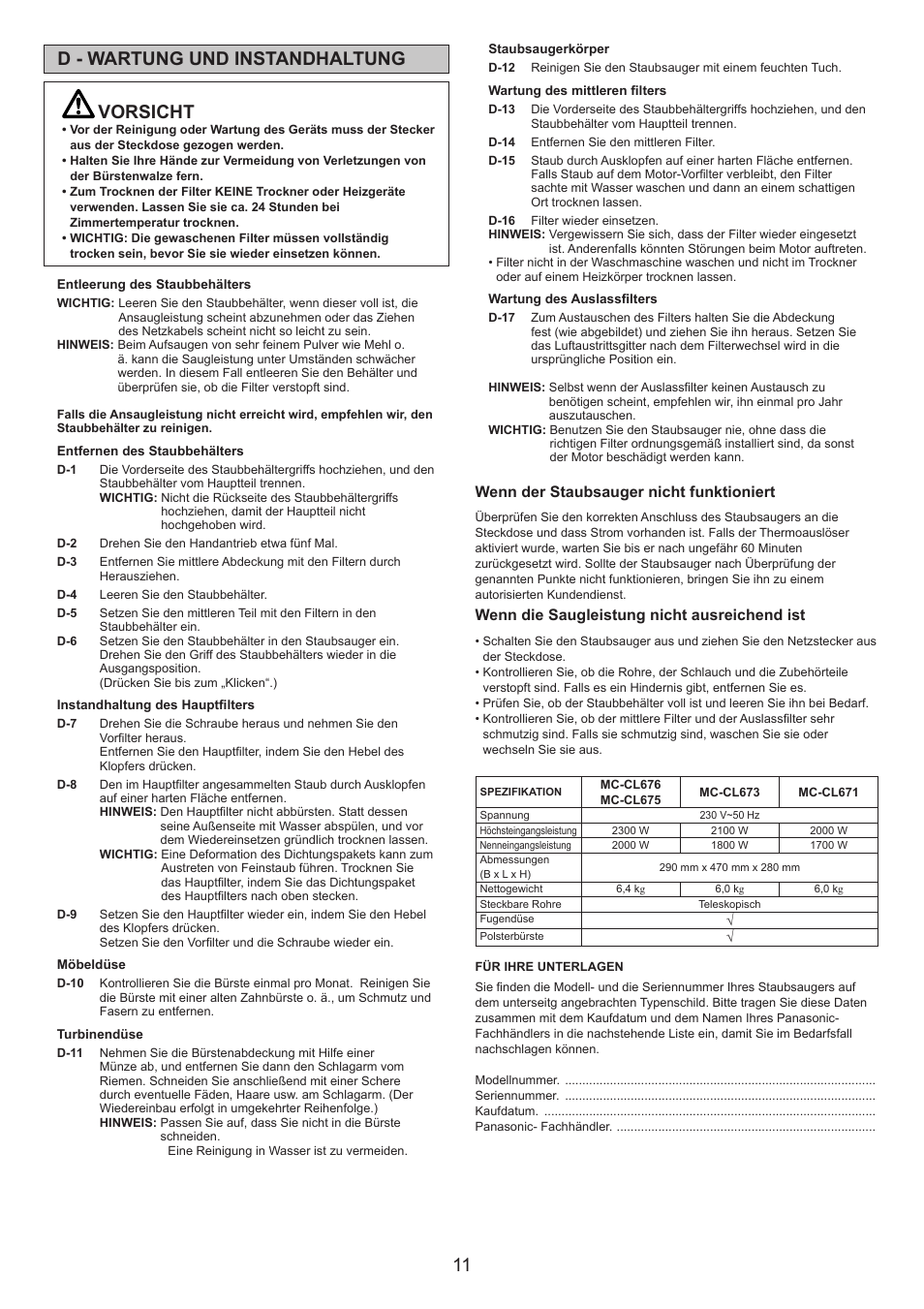 Vorsicht, D - wartung und instandhaltung, Wenn der staubsauger nicht funktioniert | Wenn die saugleistung nicht ausreichend ist | Panasonic MCCL673 User Manual | Page 11 / 48