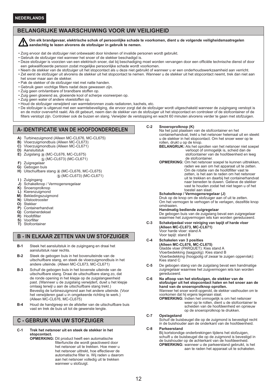 Belangrijke waarschuwing voor uw veiligheid | Panasonic MCCL673 User Manual | Page 12 / 48