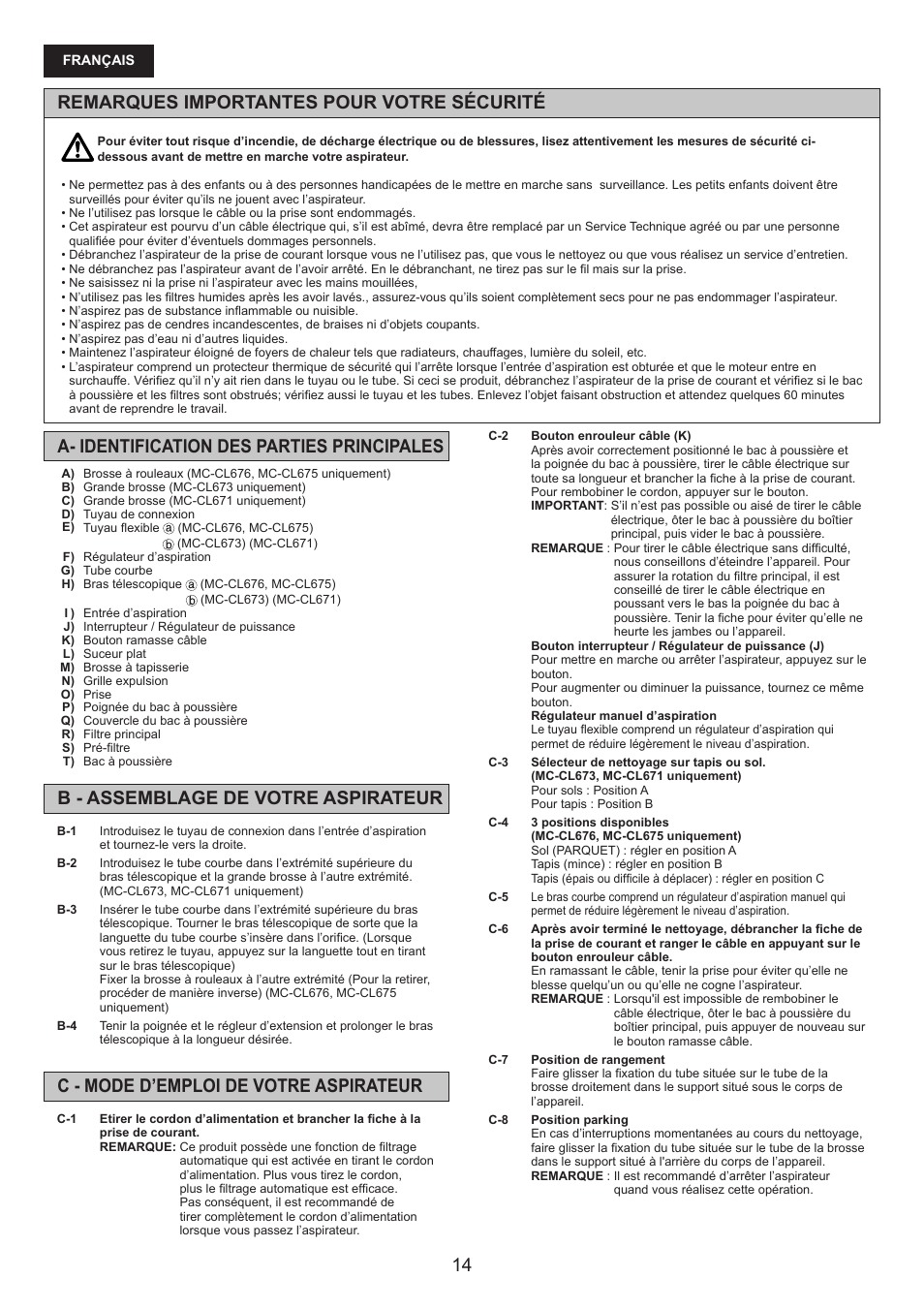 Remarques importantes pour votre sécurité | Panasonic MCCL673 User Manual | Page 14 / 48