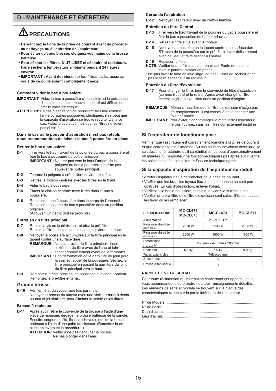 Precautions, D - maintenance et entretien, Grande brosse | Si l’aspirateur ne fonctionne pas | Panasonic MCCL673 User Manual | Page 15 / 48