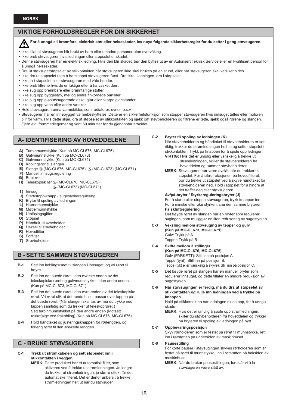 Viktige forholdsregler for din sikkerhet | Panasonic MCCL673 User Manual | Page 18 / 48