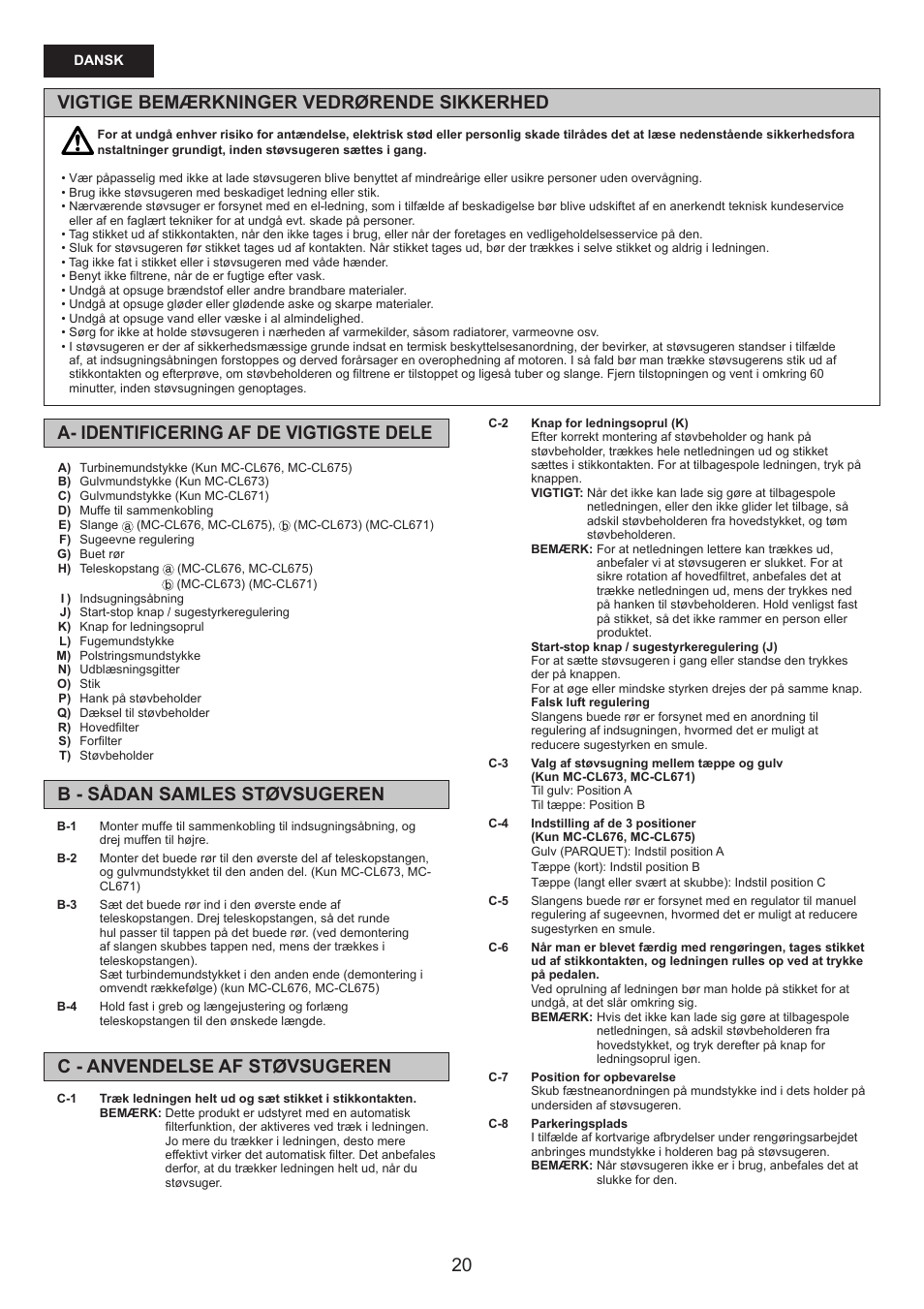 Vigtige bemærkninger vedrørende sikkerhed | Panasonic MCCL673 User Manual | Page 20 / 48