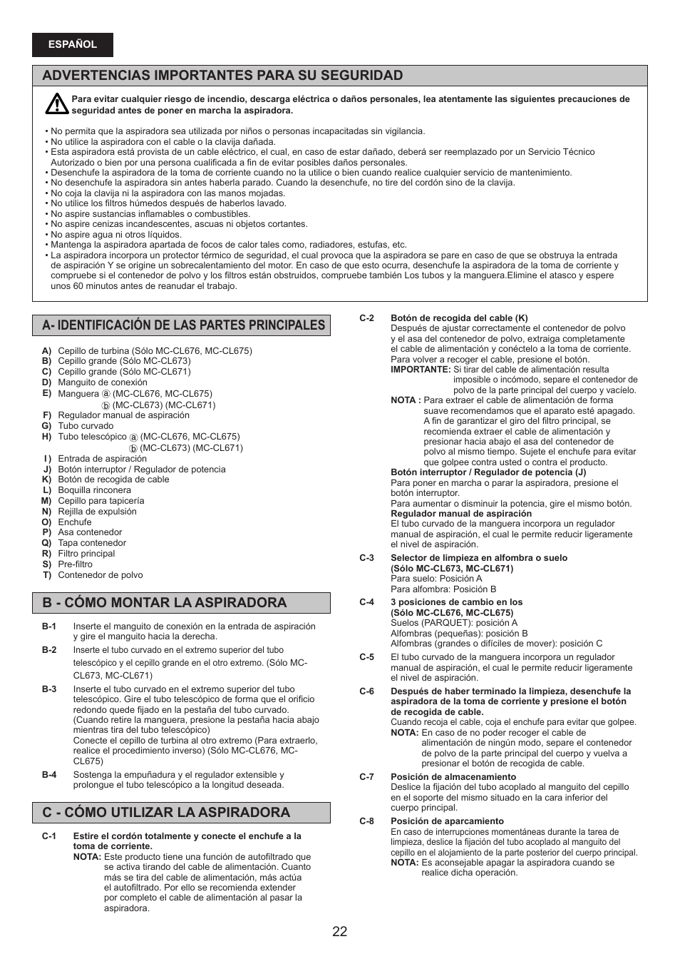 Advertencias importantes para su seguridad | Panasonic MCCL673 User Manual | Page 22 / 48