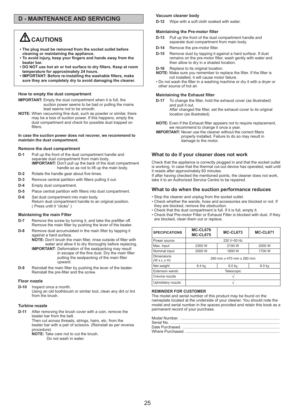 Cautions, D - maintenance and servicing, What to do if your cleaner does not work | What to do when the suction performance reduces | Panasonic MCCL673 User Manual | Page 25 / 48