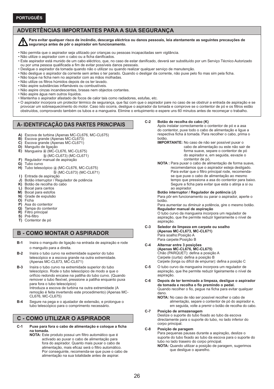 Advertências importantes para a sua segurança | Panasonic MCCL673 User Manual | Page 26 / 48