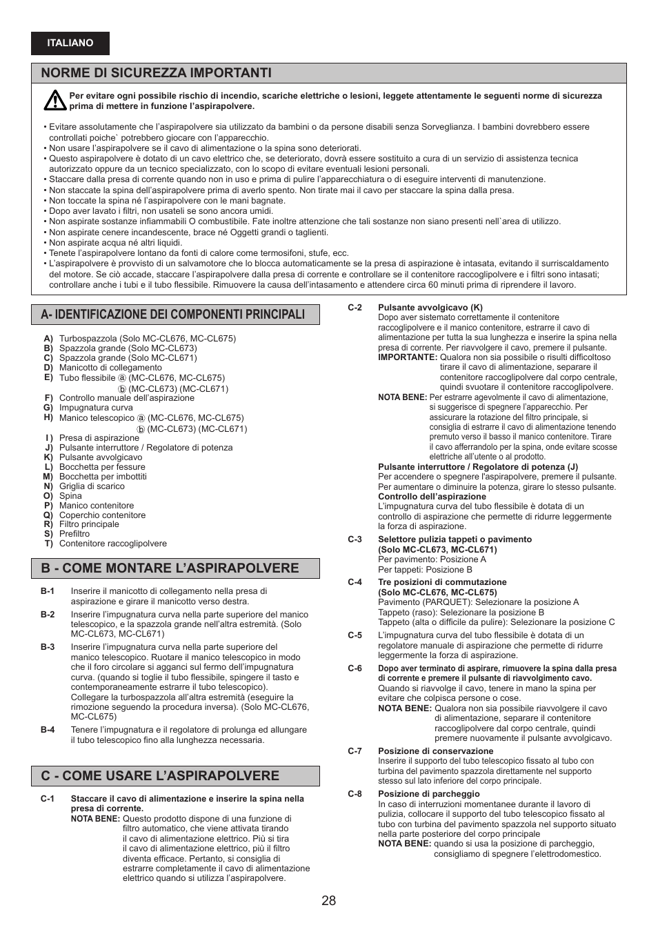 Norme di sicurezza importanti | Panasonic MCCL673 User Manual | Page 28 / 48