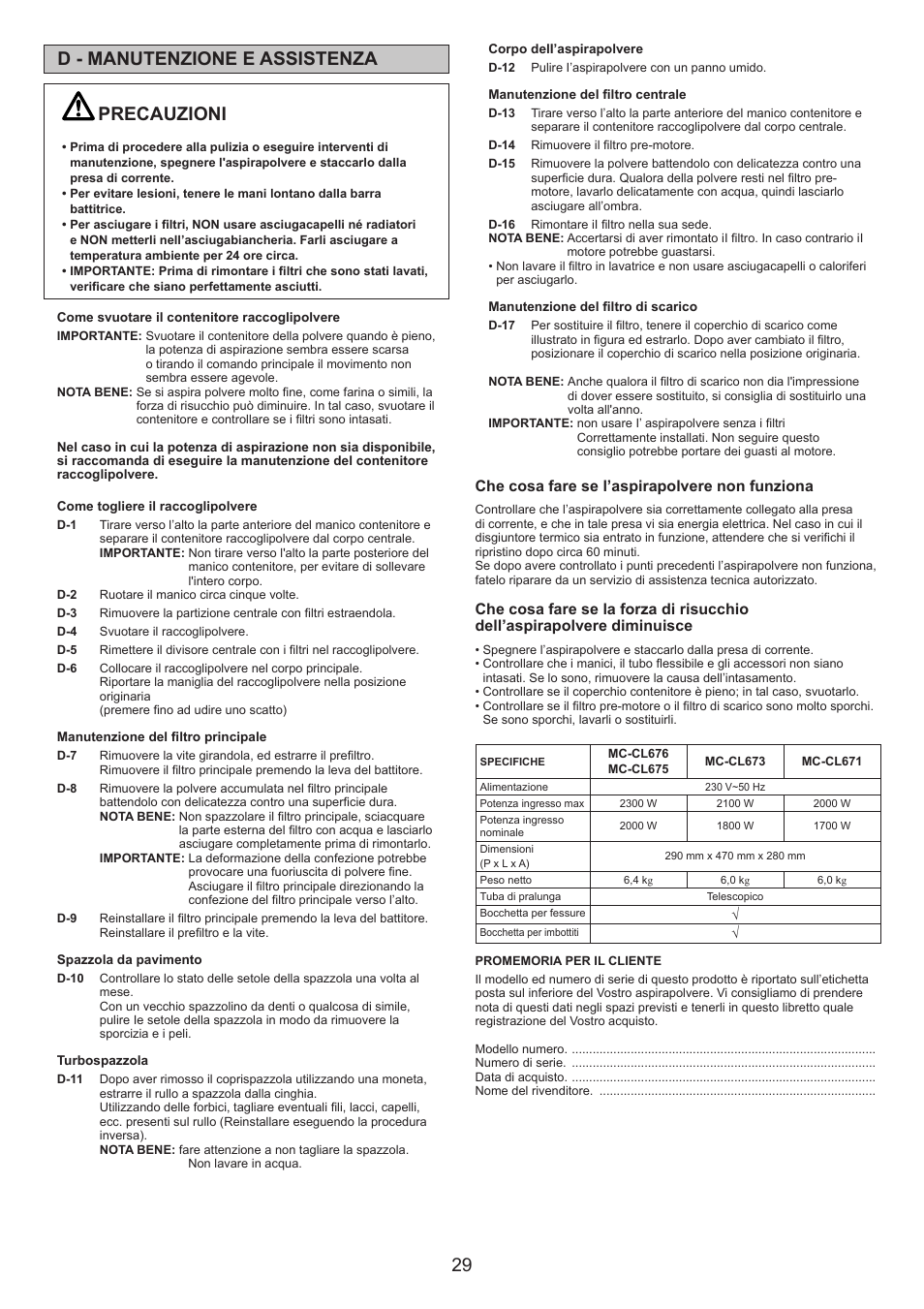 Precauzioni, D - manutenzione e assistenza, Che cosa fare se l’aspirapolvere non funziona | Panasonic MCCL673 User Manual | Page 29 / 48