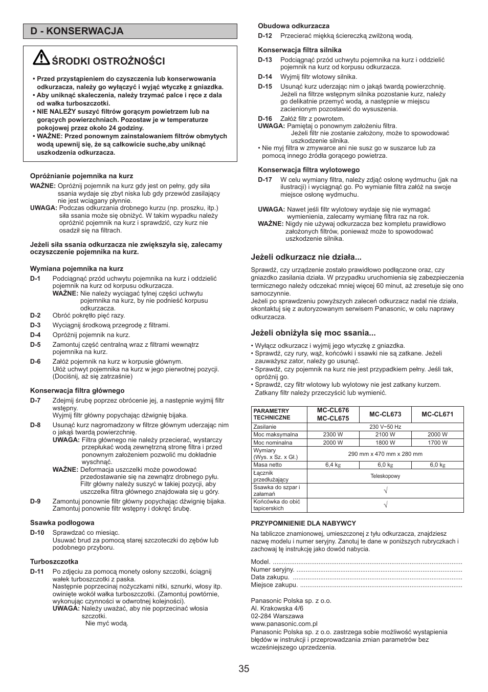 35 d - konserwacja, Środki ostrożności, Jeżeli odkurzacz nie działa | Jeżeli obniżyła się moc ssania | Panasonic MCCL673 User Manual | Page 35 / 48