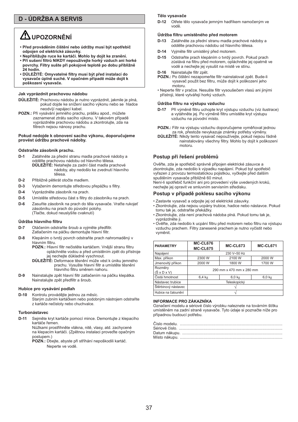 37 d - údržba a servis, Upozornění, Postup při řešení problémů | Postup v případě poklesu sacího výkonu | Panasonic MCCL673 User Manual | Page 37 / 48