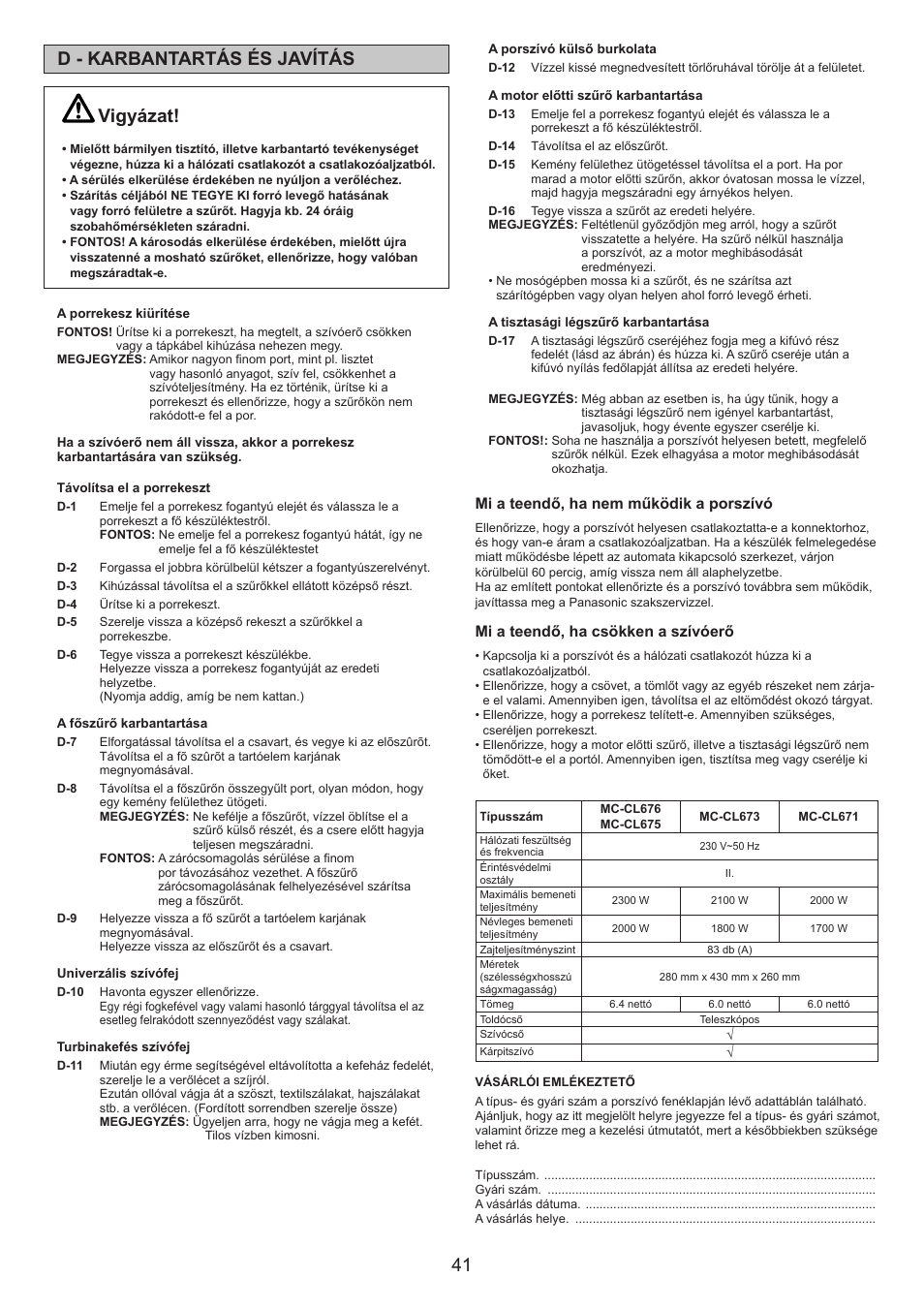 41 d - karbantartás és javítás, Vigyázat, Mi a teendő, ha nem működik a porszívó | Mi a teendő, ha csökken a szívóerő | Panasonic MCCL673 User Manual | Page 41 / 48